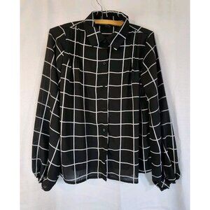 Women's Blouse Sheer Long Sleeve Button Up Black & White Small